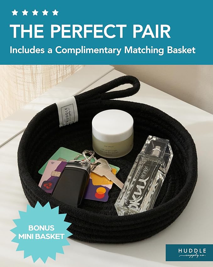 XXXXL WASHABLE Large Black Basket Blanket Basket Living Room 2PCs Toy Baskets Storage Kids Woven Rope XXX Extra Large Basket for Blankets,Pillows,Throws,Laundry + Small Basket | BIG Basket Blanket