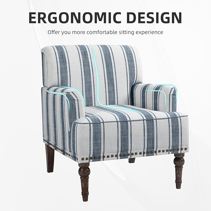 Modern Accent Chair with Arms,Mid Century Stripe Armchair for Living Room,Comfy Linen Fabric Single Sofa for Apartment Bedroom,Comfortable Cushioned Seat for Reading Home Office-Dark Blue Stripe