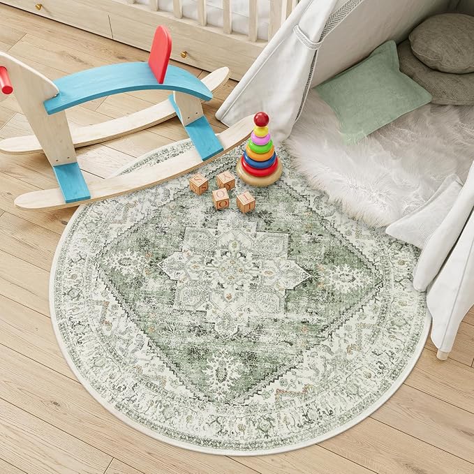 LIVEBOX Sage Green Round Rug 4ft, Vintage Tribal Circle Rugs for Entryway Foyer, Low-Pile Oriental Retro Rugs for Living Room, Stain Resistant Medallion Circular Rug for Bedroom