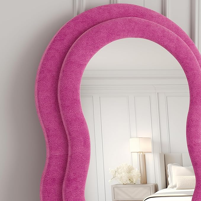 Full Length Mirror, 63"x24" Wavy Floor Mirror, Arched Standing Mirrors Full Length, Cloud Shaped Flannel Wall Mirror, Dressing Body Mirrors Hanging or Leaning Against Wall for Bedroom (Pink)