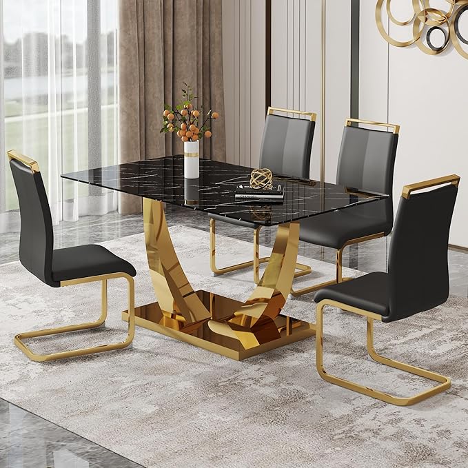 63” Dining Table Set for 4,Modern Gold Dining Room Table Set for 4, Faux Marble Kitchen Table Set with PU Leather Chairs,Black Dinner Table Set with Tempered Glass Top and Gold Base