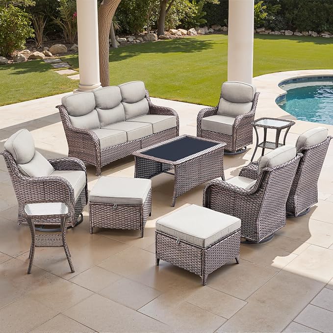 Luxury High Back Outdoor Furniture with 6-inch Extra Thick Cushions, Patio Furniture Set with Swivel Chairs, 10 PCS Wicker Conversation Set for Yard, Deck, Poolside, Brown/Beige