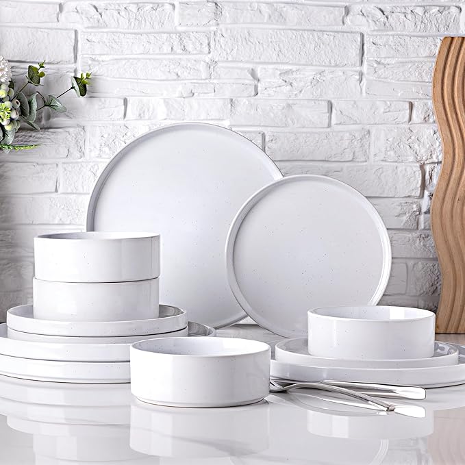 GBHOME Dinnerware Set for 4, 12 Piece Speckled Plates and Bowls Set with Glazed Bottom, Chip & Scratch Resistant Stoneware Plates Sets, Dishwasher & Microwave Safe Dishes (White, Service for 4)