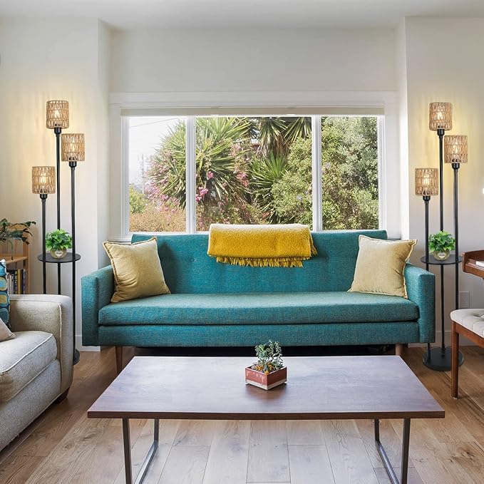 Dimmable Boho Floor Lamps for Living Room, 3-Lights Farmhouse Floor Lamp with 3-Way Foot Switch, Rattan Floor Lamp with Shelves, Rustic Standing Lamp with Rattan Shades, Tall Lamps for Bedroom