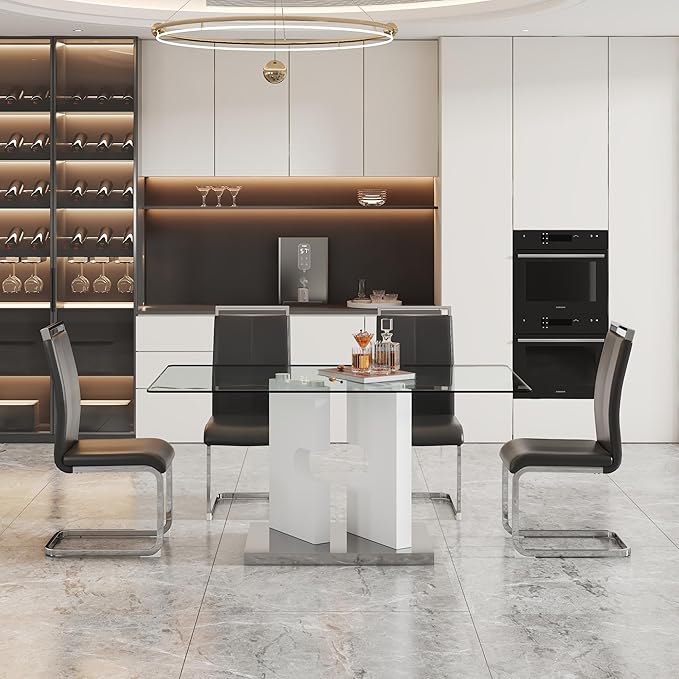 Glass Dining Table Set of 4, 63" Dinner Room Glass Table Set for 4, Modern Kitchen Dinner Table Set with 4 Upholstered Faux Leather Dining Chairs for Living Dining Office Room