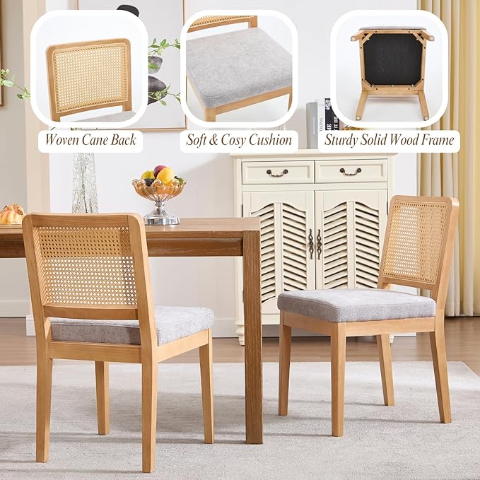 LukeAlon Farmhouse Rattan Dining Chairs Set of 6, Mid Century Modern Chenille Kitchen & Dining Chairs with Solid Wood Legs, Woven Cane Upholstered Kitchen Chairs Side Chairs for Dining Room, Grey