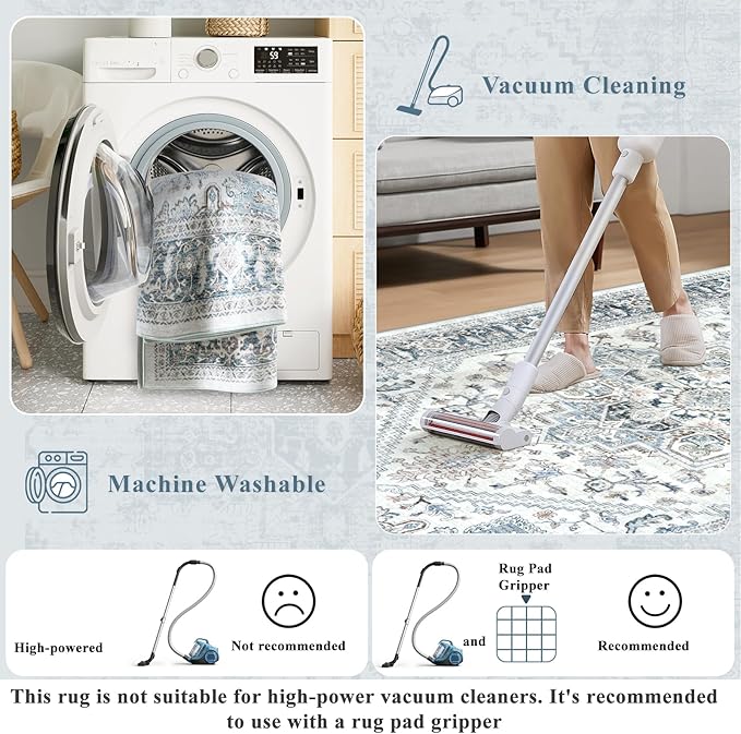 LIVEBOX Washable Area Rug 8x10 - Large Blue Vintage Tribal Living Room Rug Oriental for Bedroom, Non-Slip Retro Medallion Carpet Print Distressed for Dining Room Guest Office