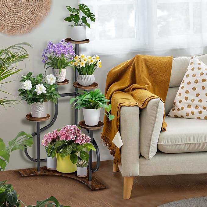 6-Tier Corner Plant Stand, Indoor Plant Stand with L-shaped Base, Aesthetic Metal Plants Shelf for Multiple Plants Flower Pot, MDF Outdoor Plant Holder for Patio Balcony (Rustic Brown)