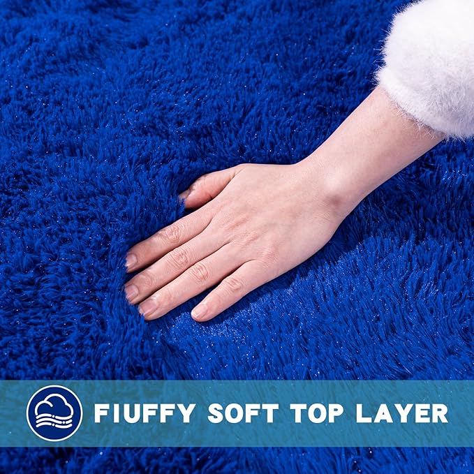 3x5 Area Rug for Bedroom, Blue Rugs for Living Room Nursery Kids Room Dorm Home Decor Aesthetic, Fluffy Shaggy Rug with 4 Anti-Slip Carpet Tapes, Navy Blue