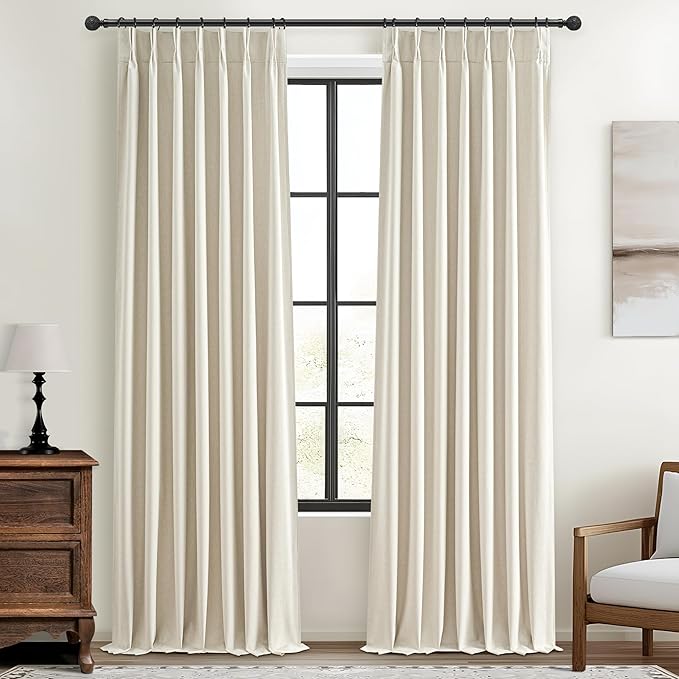 Room Darkening Cream Linen Curtains 92 Inches Long for Living Room/Bedroom, Neutral Pinch Pleated Blackout Heavy Curtain Insulated 2 Panels Set Floor to Ceiling for 93 Inch Window Drapes 40"W x 92"L