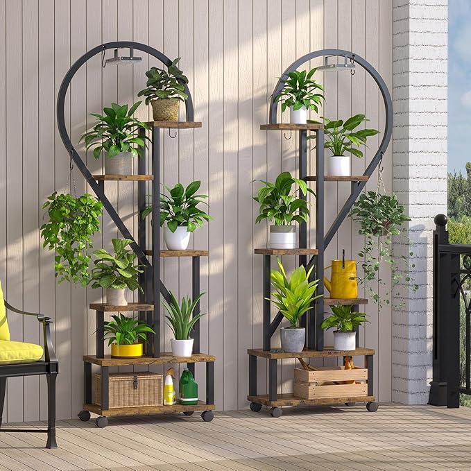 Bestier Plant Stand Indoor with Grow Lights, 6 Tiered Metal Plant Shelf for Indoor Plants Multiple, Half Heart Shape Plant Rack with Wheels, Large Brown Plant Holder for Home Patio Balcony (2 Pack)