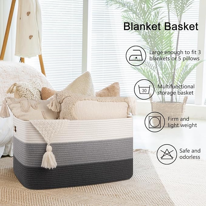 OIAHOMY Large Blanket Basket For Living Room, Rectangle Woven Baskets for Storage, Nursery Toy Storage With Handle-22”x17”x12”-Gradient Dark Grey
