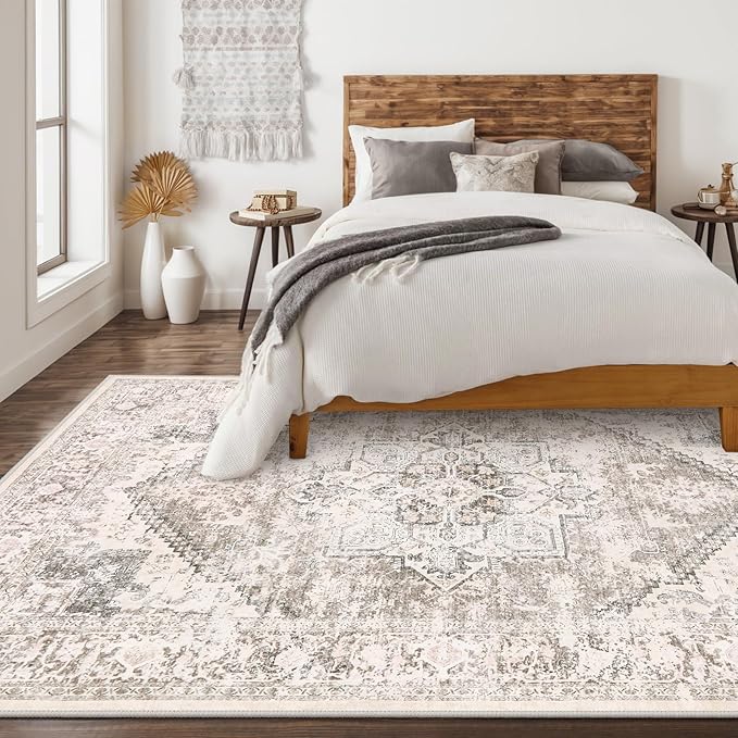 LIVEBOX 8X10 Area Rugs for Living Room, Washable Beige Neutral Boho Rugs Large Soft Non-Slip Rug, Low-Pile Vintage Medallion Rug, Retro Faux Wool Indoor Carpet for Dining Room Bedroom Office