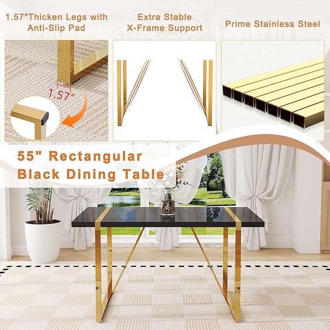Black Dining Table Set for 6, 55" Dinner Table Set for 6, 1.5" Black Glossy Wood Tabletop with Gold Metal Legs, Modern Kitchen Table Set with 6 Bow-legged Faux Leather Chairs for Dining, Small Space