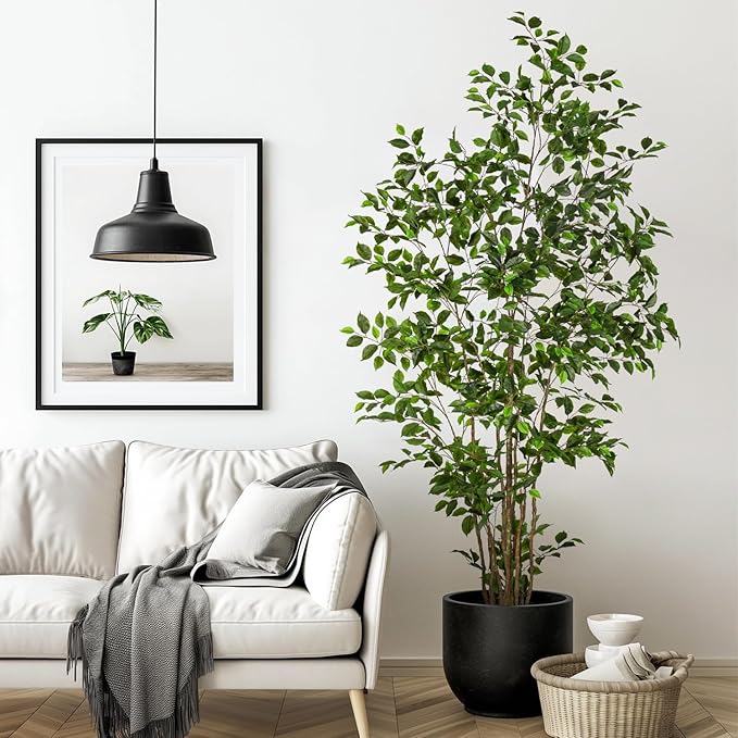 Artificial Ficus Tree Indoor 7ft, Large Potted Faux Tree with Realistic Silk Leaves & Trunk for Home Office, Living Room Corner Decor
