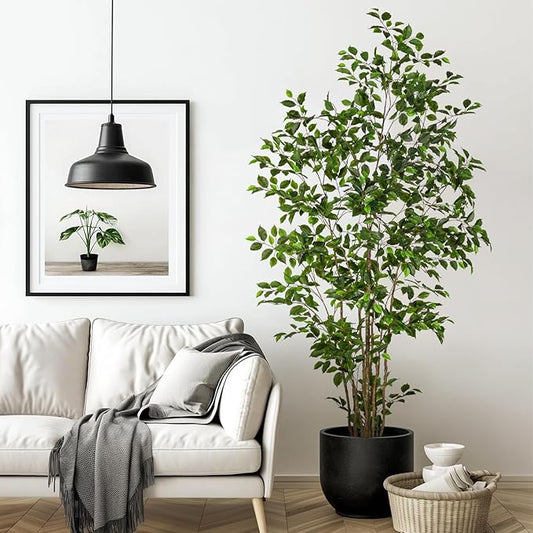 Artificial Ficus Tree Indoor 7ft, Large Potted Faux Tree with Realistic Silk Leaves & Trunk for Home Office, Living Room Corner Decor