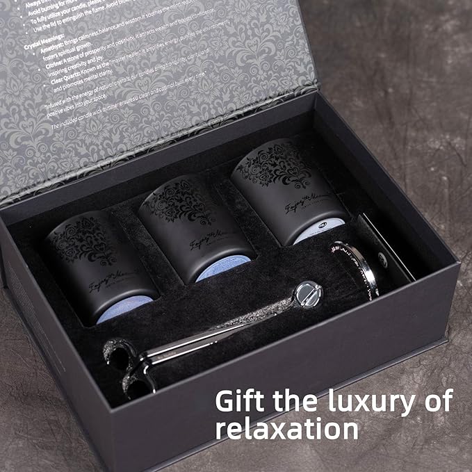 Luxury Black Scented Candles Gift Set for Men – 3x7oz Soy & Beeswax Crystal Candles with Wick Trimmer & Snuffer Lid, Aromatherapy Candles for Home Scented, Masculine Gift for Men & Women