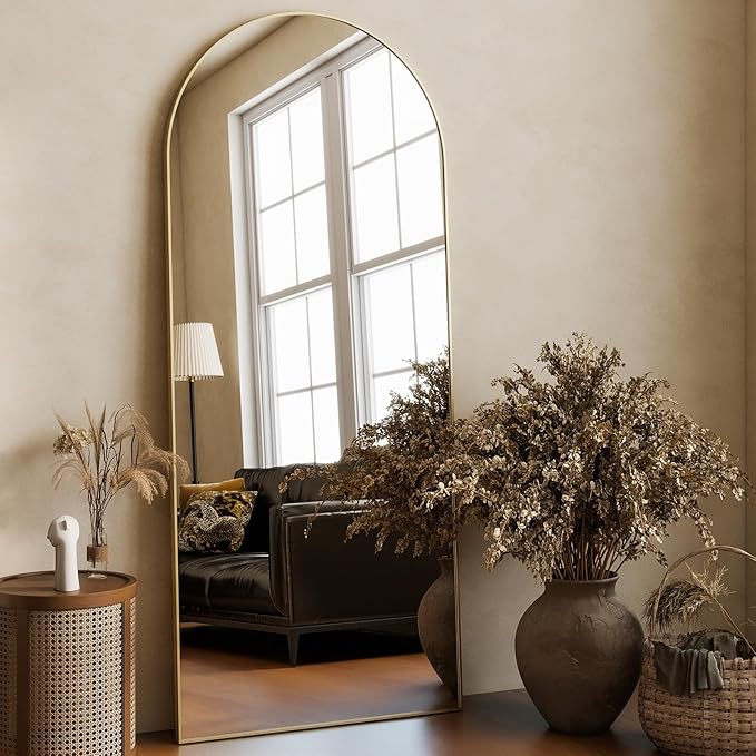 HARRITPURE 64"x21" Arched Full Length Mirror Free Standing Leaning Hanging Mounted Mirror Aluminum Frame Modern Simple Home Decor for Living Room Bedroom Cloakroom, Gold