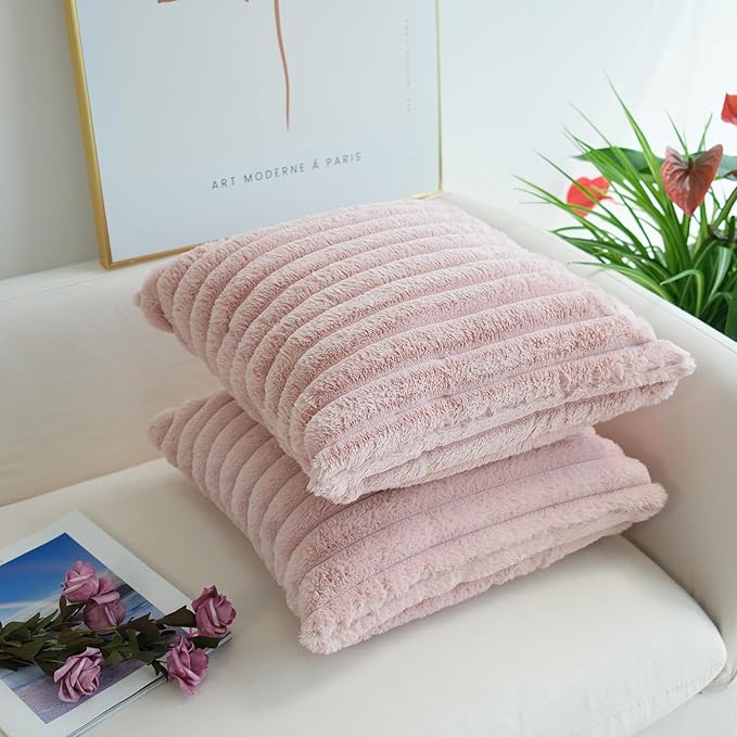 JOJUSIS Pack of 2 Faux Fur Plush Decorative Throw Pillow Covers Couch Cushion Case Soft Pillowcases (Pink, 24 x 24-Inch)