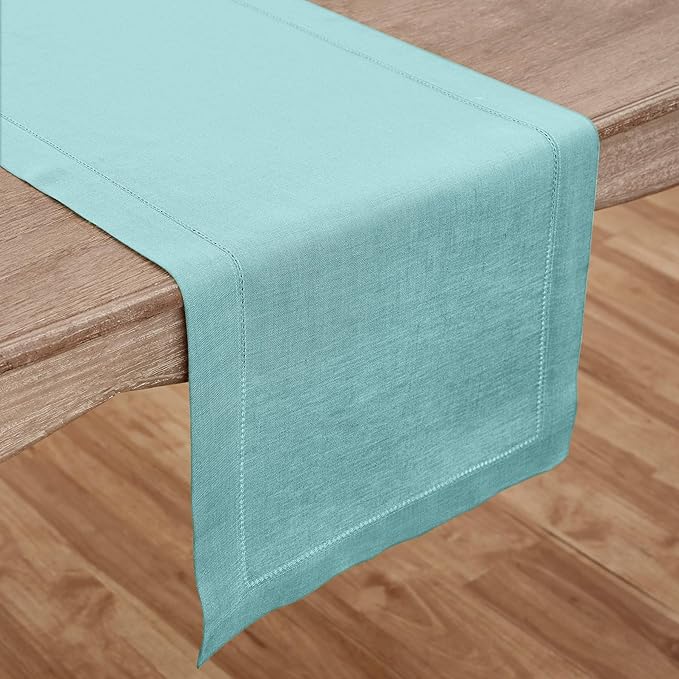 Solino Home Linen Aqua Blue Table Runner 144 Inches Long - 100% Pure Linen Extra Long Table Runner 14 x 144 Inch for Christmas, Holiday - Classic Hemstitch