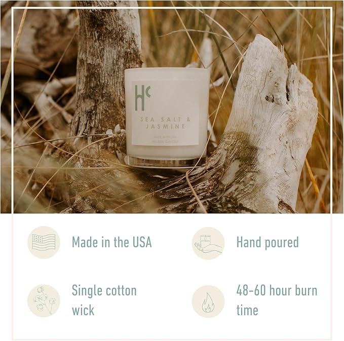 Sea Salt & Jasmine Single Wick Soy Candles, Luxury Scented Candles for Home - Up to 60 Hour Burn Time, Cruelty-Free Soy Wax Blend - Beach Fragrance, Notes of Jasmine & Sea Salt (9 oz)