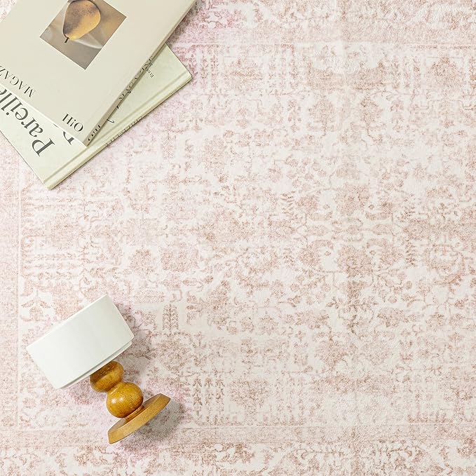 Pink Area Rug 4x6 Office Entryway Rug Machine Washable Kitchen Vintage Distressed Non Slip Carpet Indoor Retro Floral Accent Throw Door Mat for Bathroom Bedroom Dining Living Room