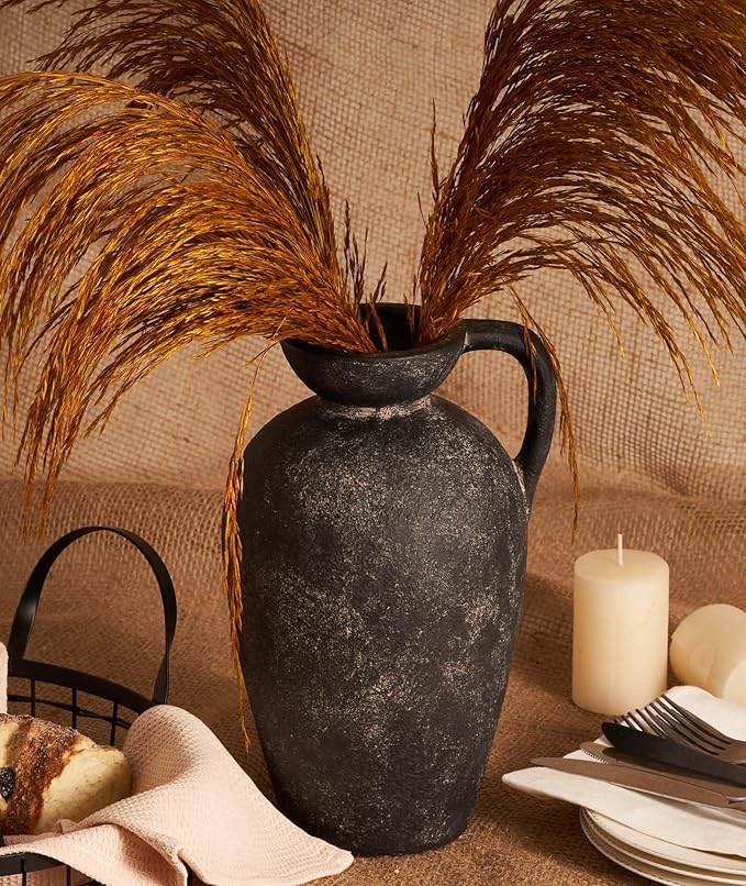 Terracotta Vase with Handle, Black Boho Ceramic Pottery 10inch, Farmhouse Unique Textured Round Jug, Rustic Vintage Decorative Vases for Flowers, Centerpieces, Living Room.