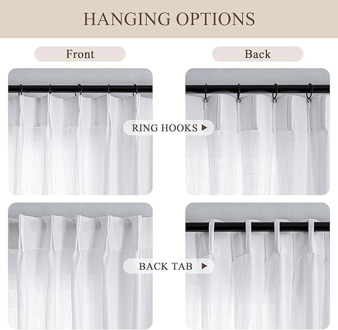 MYSKY HOME Floor to Ceiling Curtains 102 Inches White Sheer Window Drapes 2 Panel Sets Pinch Pleated Draperies Linen Look Boho Fabric, Soft Cotton Blend Light Filtering for Living Room, 40" x 102"