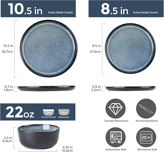 AmorArc Stoneware Dinnerware Sets,Round Reactive Glaze Plates and Bowls Set,Highly Chip and Crack Resistant | Dishwasher & Microwave Safe Dishes Set,Service for 4 (12pc)