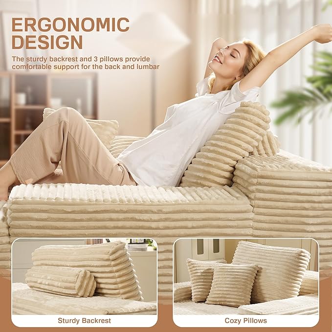 Chaise Lounge Chair Indoor, 67" Oversized Comfy Plush Fur Sleeper Sofa Bed, Boneless Upholstered Recliner Bed with Pillows and Wide Armrests, Modern Cloud Couch for Living Room, Beige