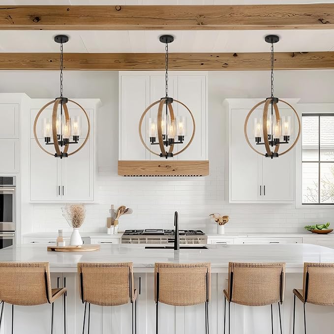 Farmhouse Chandelier Light Fixture, 18in Rustic Dining Room Chandeliers with Glass Shade 4-Light Globe Lighting Fixtures Retro Pendant Lamp for Kitchen Island Entrance Living Room