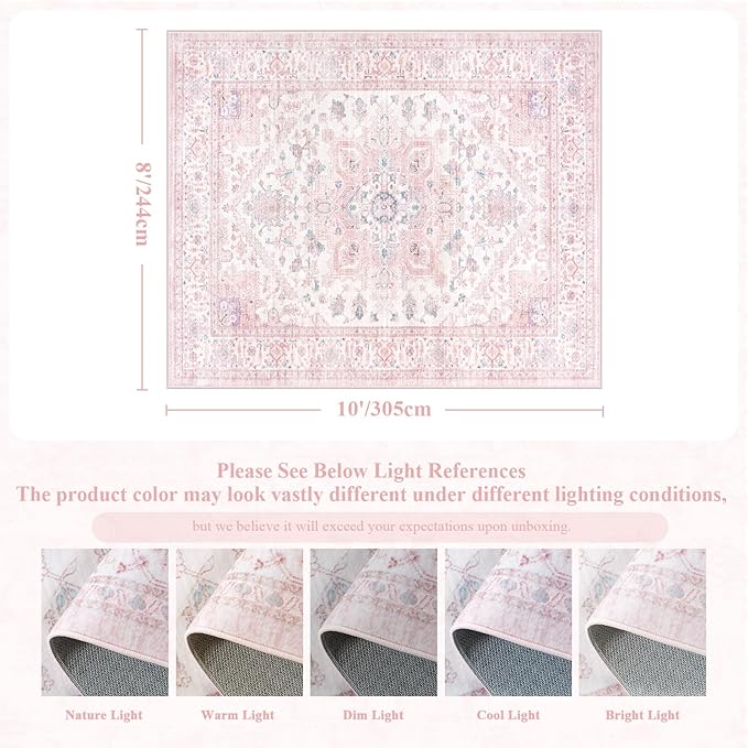 LIVEBOX Pink Washable Area Rug 8x10 - Large Vintage Tribal Living Room Rug Oriental for Bedroom, Non-Slip Retro Medallion Carpet Print Distressed for Dining Room Nursery Dorm Home Decor