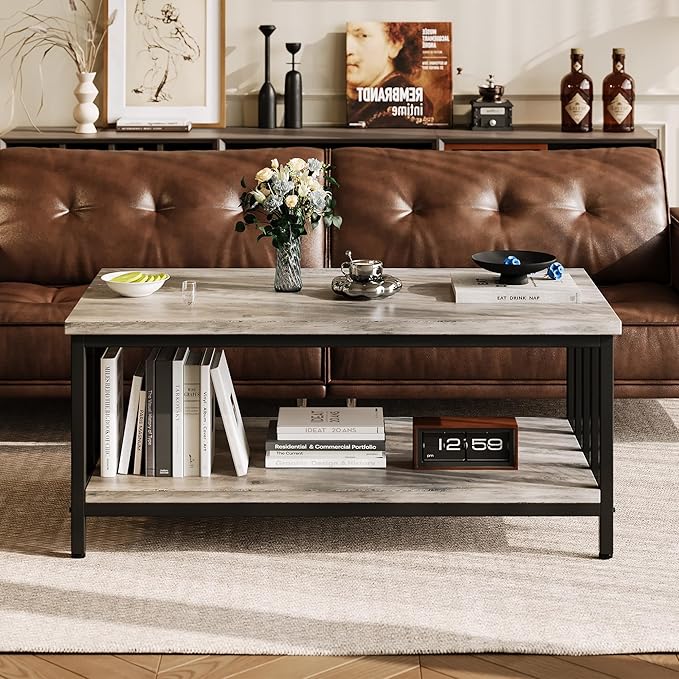 Homeiju Coffee Table for Living Room with Slatted Sides Frame, Modern Farmhouse Living Room Table with 2-Tier Storage Shelf for Home Office, Apartment, 39 inch Grey Wash