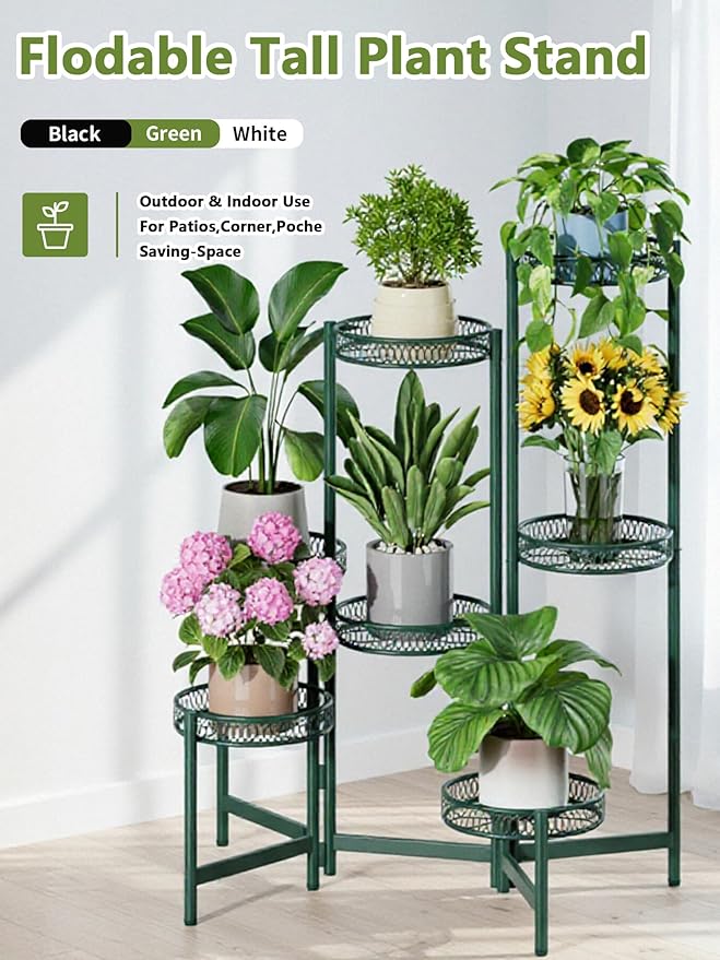 7 Tier Metal Corner Plant Stand Indoor Outdoor, Folding Tall Plant Rack, Heavy Duty Wrought Iron Flower Pot Stand, Planter Display Rack for Living Room Balcony Garden Patio - GreenFlower