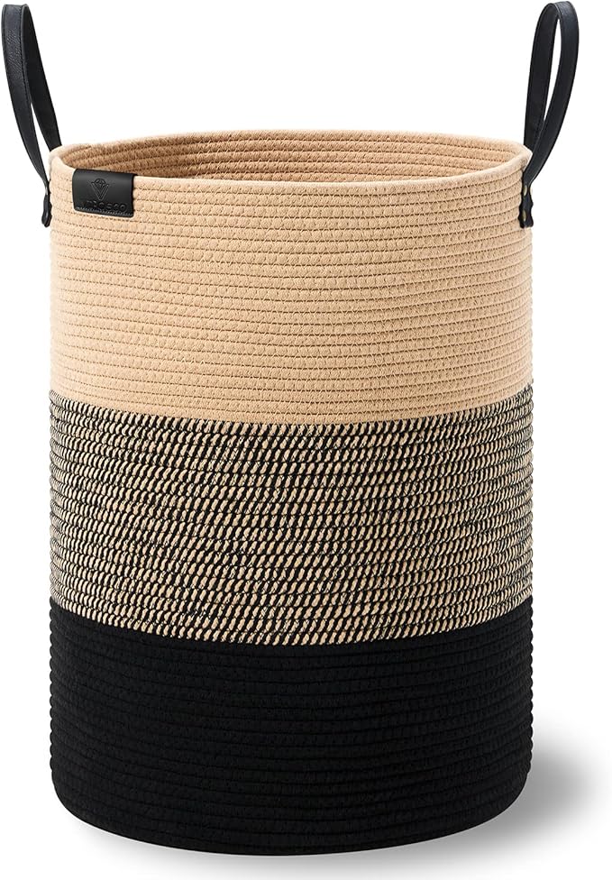 VIPOSCO Tall Laundry Basket, Large Dirty Clothes Hamper with Leather Handle, Woven Rope Storage Basket for Blanket, Toy In Living Room, Bathroom, Bedroom - 72L Brown & Black