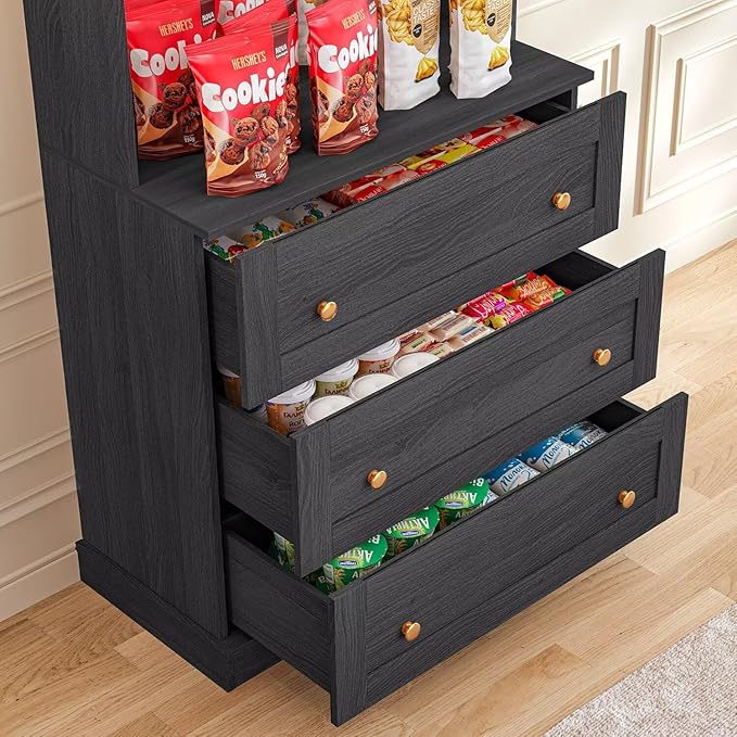 71" Tall Farmhouse Kitchen Pantry, Large Storage Cabinet with Glass Doors and Drawers, Freestanding Coffee Bar Hutch with Microwave Stand, Adjustable Shelves for Kitchen, Living Room, Black 3 Pcs