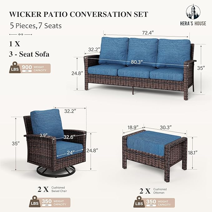 HERA'S HOUSE High Back Patio Furniture Set with 5.5" Thick Cushions, 5 Pieces Wicker Outdoor Conversation Sofa Sets with Swivel Chairs, Comfy Waterproof Deck Lawn Backyard Furniture, Navy Blue