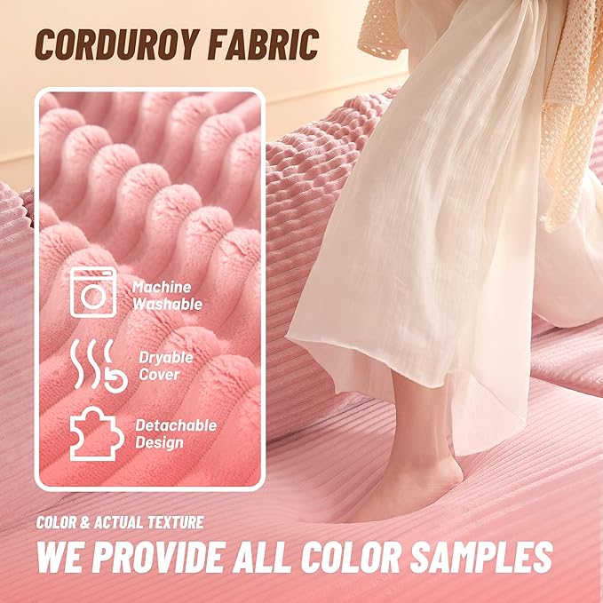 138" Boneless Couch with Deep Seat, Modular Sectional Sofa, Cloud Sectional Couch for Living Room, No Assembly Required, Corduroy, U-Shape 4 Seater Right, Pink