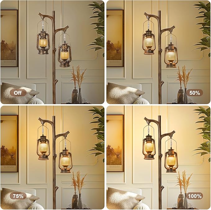 68" Rustic Farmhouse Tree Trunk Floor Lamp Country Brown Finish Wood Vintage Standing Tall Lamp with Lantern Stepless Dimmable Industrial Floor Lamp Decor for Bedroom Living Room Office Hotel