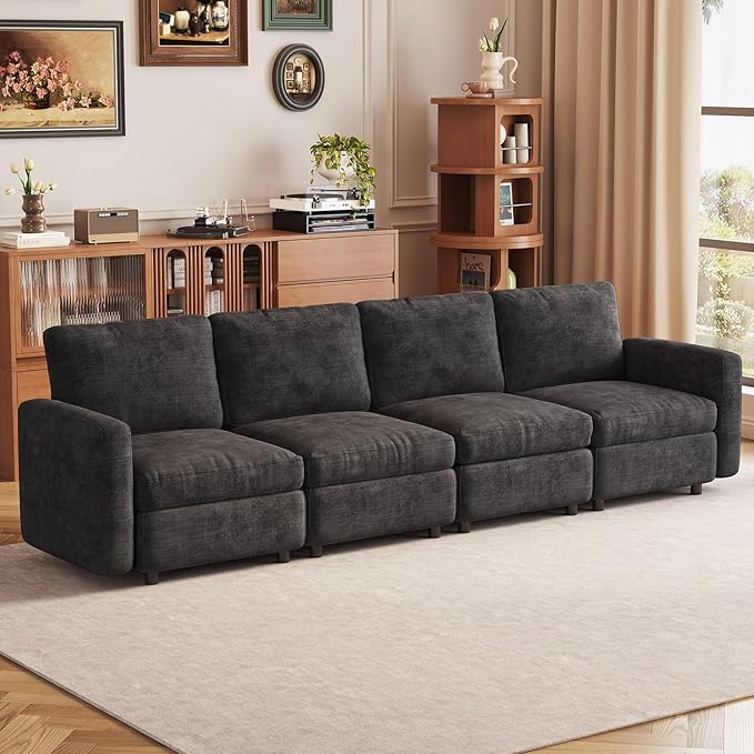 4-Seat Modular Sofa Couch Grey with Ergonomic Cushions, Convertible Sleeper Sectional for Living Room Bedroom Apartment, Cloud Futon Lounge Furniture Set for Small Spaces