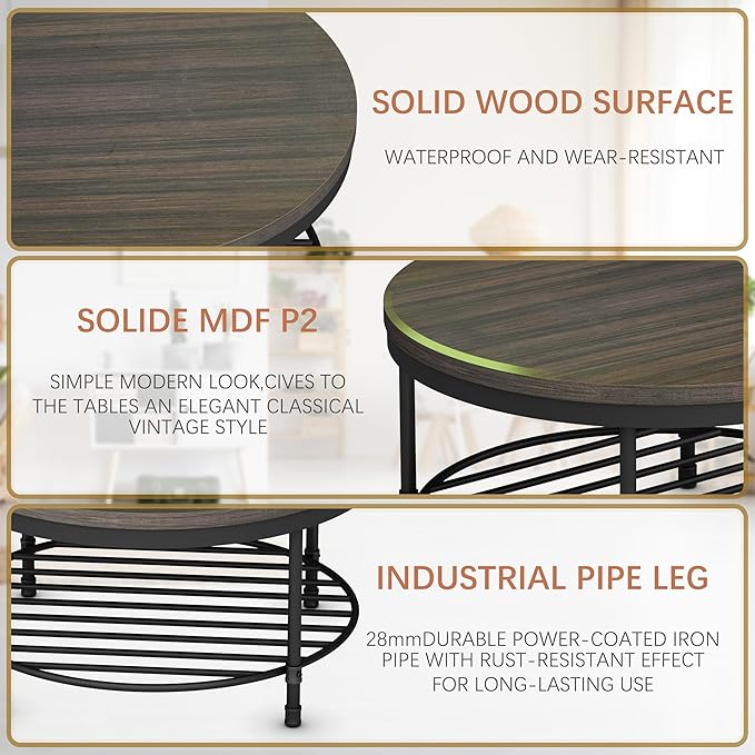 NSdirect 36" Round Coffee Table with Storage Shelf, Dark Grey Brown Vintage Wood Top & Metal Legs - 18.5" Height End Table for Small Spaces (Dark Grey Brown)