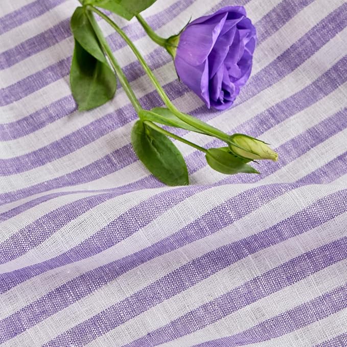 Solino Home Linen Cloth Placemats Set of 4 - Amalfi Stripe 100% Pure Linen Violet and White Farmhouse Placemats 14 x 19 Inch