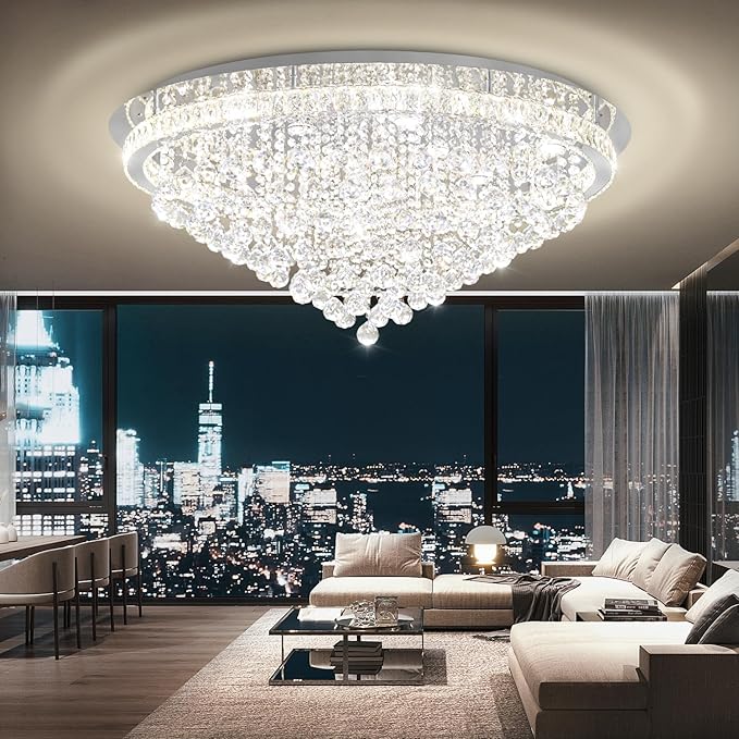Dia 40" Modern Crystal Chandelier,Large Chandelier for Living Room Silver Flush Mount Chandeliers Crystal Ceiling Light for Dining Living Room Bedroom