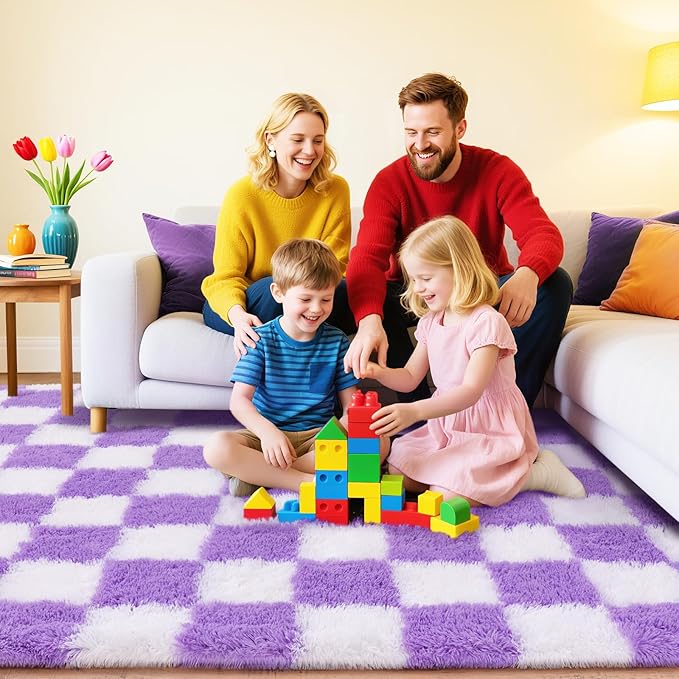 Checkered Rugs for Bedroom, Ultra Fluffy Fuzzy Shag Area Rug for Living Room 5x7, Modern Plush Soft Upgrade Non-Slip Carpet for Kid Girls and Boys Room Dorm Nursery Home Decor, White and Purple