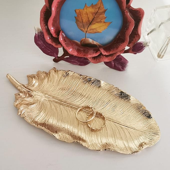 Metal Jewelry Dish, Small Leaf Shaped Ring Holder Jewelry Organizer, Trinket Dish Vanity Tray for Dresser Christmas Birthday Wedding Gifts