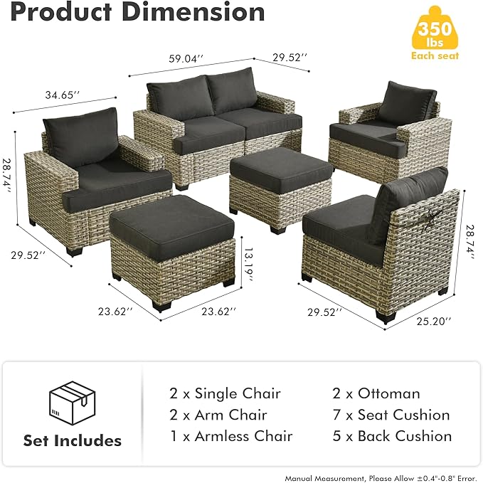 HOOOWOOO Outdoor Sectional Patio Furniture Set,7 Pieces Wicker Conversation Sets,Extra Deep Out Door Sofa Outside Furniture Couch with Ottoman,Black