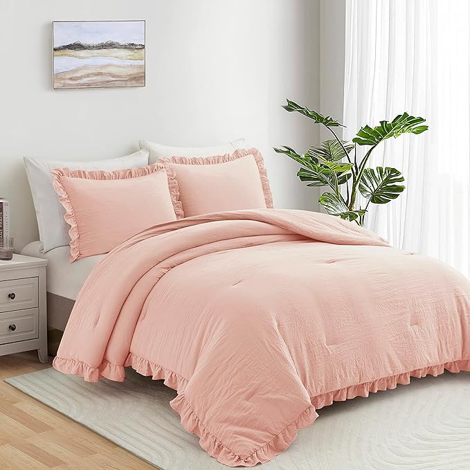 Bonlino Bedding Comforter Set Bedroom - 3 Pieces Farmhouse Comforter Ruffle Boho Bed Comforter, Fluffy Soft Lightweight Bedding Chic Rustic Country Style for Home Dorm (Oversized King, Blush Pink)