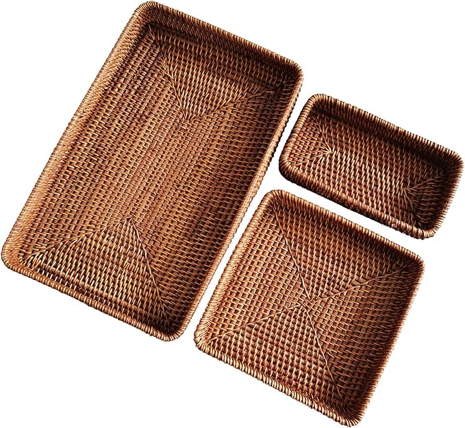 i-lan Set of 3 Handmade Coffee Rattan Rectangle Serving Tray 14" Honey Brown Wicker Serving Organizer Fruit Platter with 2” Wall Long Rectangle Decorative Bathroom Accessories Basket Tray