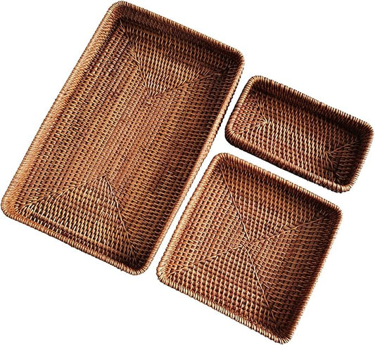 i-lan Set of 3 Handmade Coffee Rattan Rectangle Serving Tray 14" Honey Brown Wicker Serving Organizer Fruit Platter with 2” Wall Long Rectangle Decorative Bathroom Accessories Basket Tray