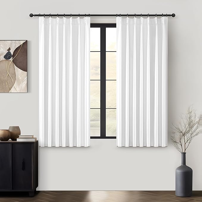 Bright White Heat Blocking Textured Pinch Pleated Cafe Short Curtains 45 Inch Length,Blackout Drapes Flax Linen 2 Panels Set Bathroom/Basement/Kitchen Curtain for 42 Inch Small Half Window (40"Wx45"L)